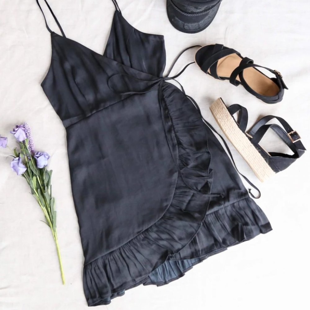 Free People All My Love Wrap Shine Mini Dress In Black Satin